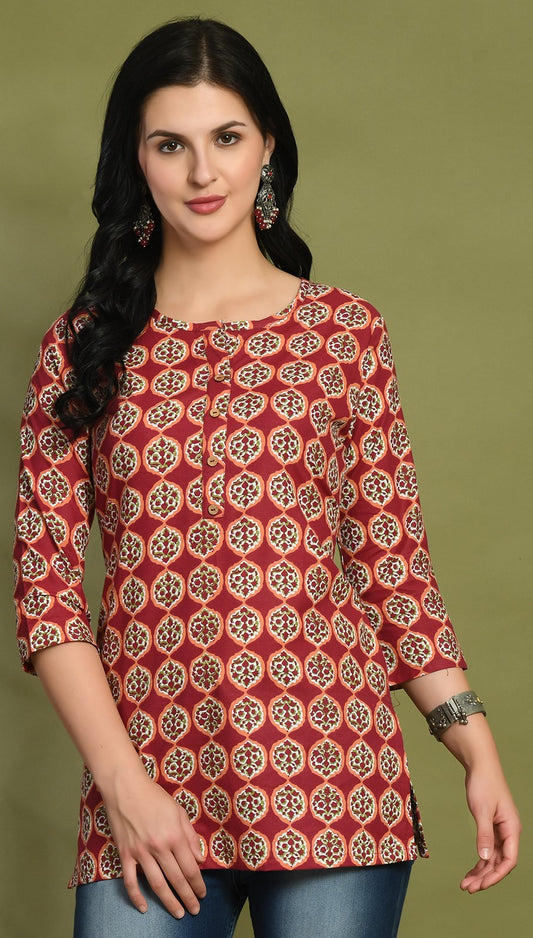 Floral Print 4 Button Straight Kurti FRKT6453