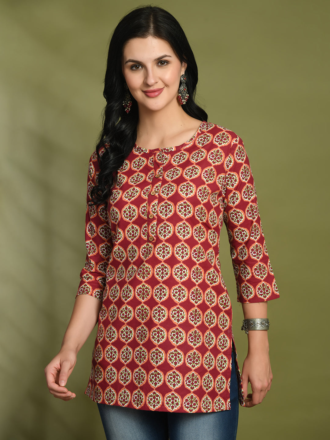 Floral Print 4 Button Straight Kurti FRKT6453