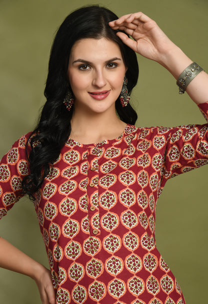 Floral Print 4 Button Straight Kurti FRKT6453