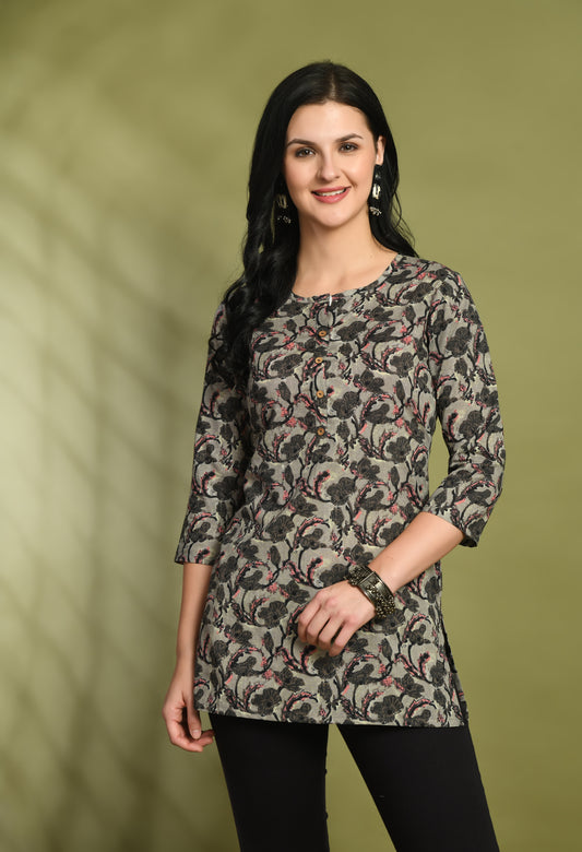 Floral Print 4 Button Straight Kurti FRKT6458