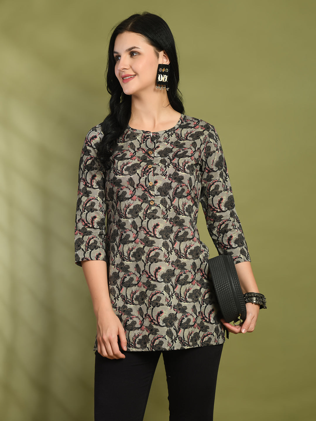 Floral Print 4 Button Straight Kurti FRKT6458