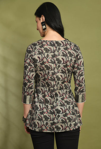 V-Neck Floral Print Peplum Short Kurti FRKT6443