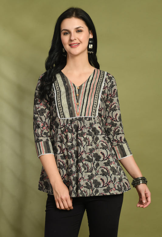 V-Neck Floral Print Peplum Short Kurti FRKT6443