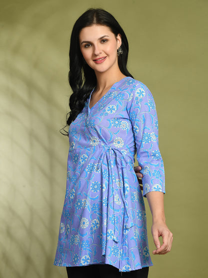 Floral Print Angrakha 3\4 Sleeves Flared Kurti
