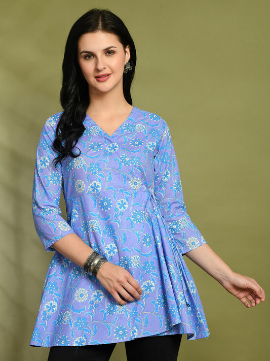 Floral Print Angrakha 3\4 Sleeves Flared Kurti