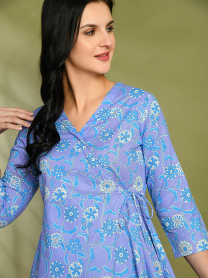 Floral Print Angrakha 3\4 Sleeves Flared Kurti
