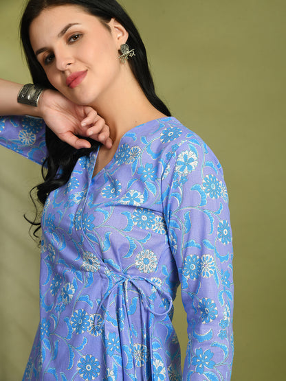 Floral Print Angrakha 3\4 Sleeves Flared Kurti