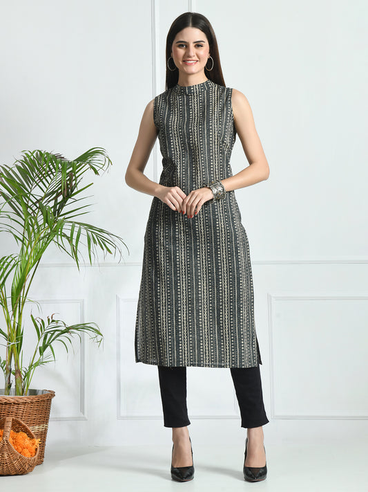 Feranoid Cotton Printed Sleeveless Straight Long Kurti FRKT6492