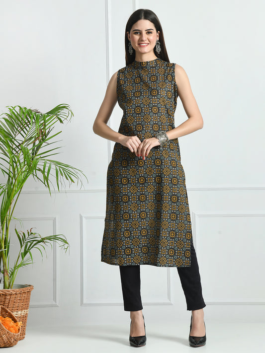 Feranoid Cotton Printed Sleeveless Straight Long Kurti FRKT6493