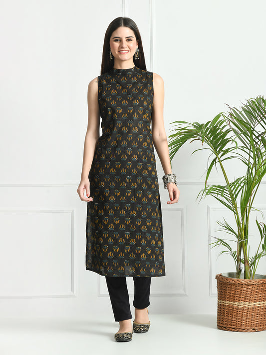 Feranoid Cotton Printed Sleeveless Straight Long Kurti FRKT6491