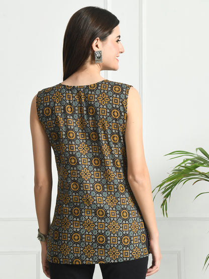 Cotton Printed V-Neck Sleeveless Short Kurti