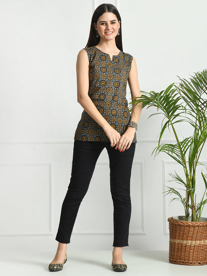 Cotton Printed V-Neck Sleeveless Short Kurti