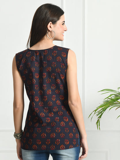 Cotton Printed V-Neck Sleeveless Short Kurti