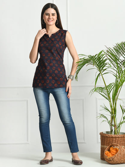 Cotton Printed V-Neck Sleeveless Short Kurti