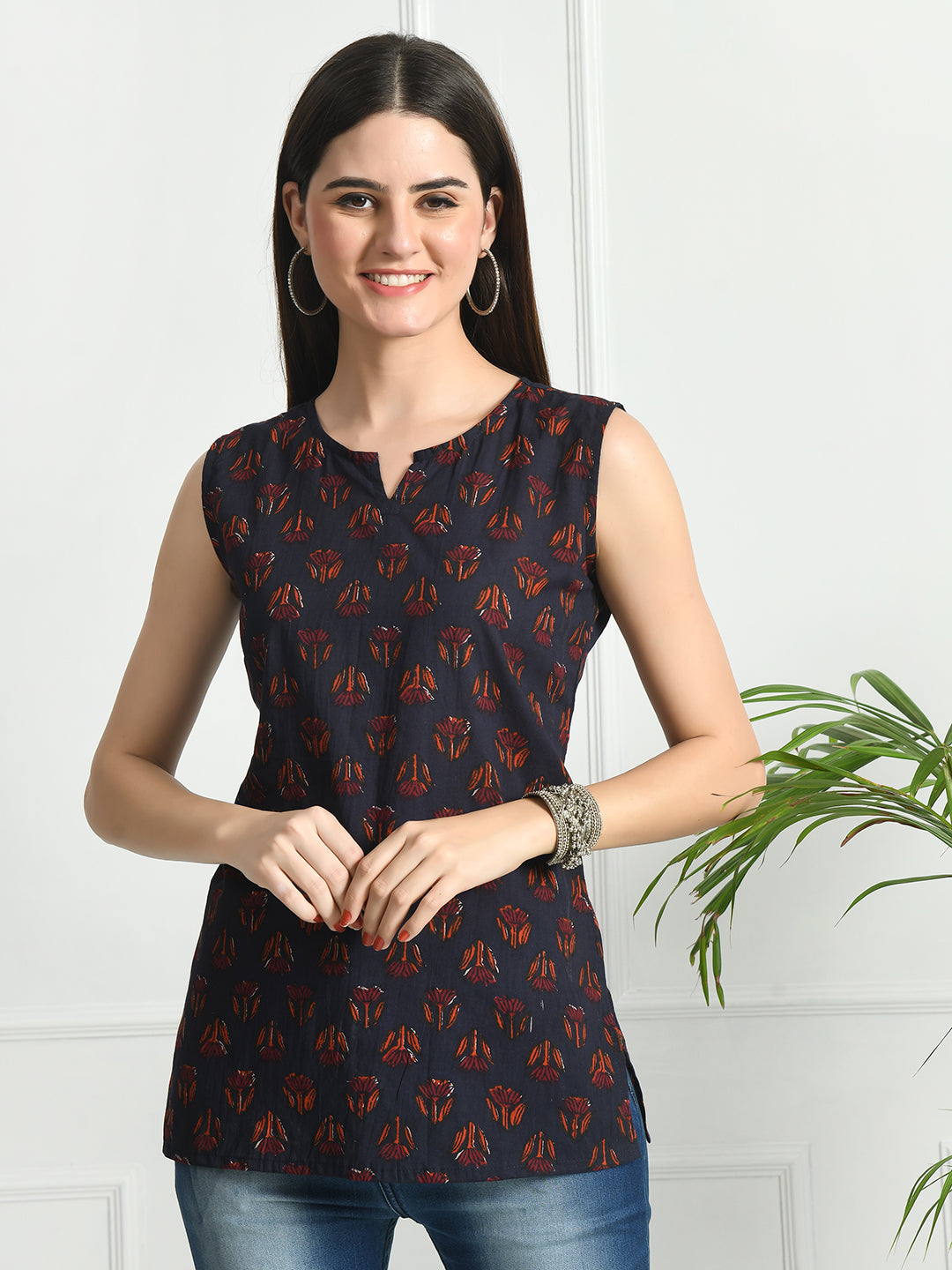 Cotton Printed V-Neck Sleeveless Short Kurti