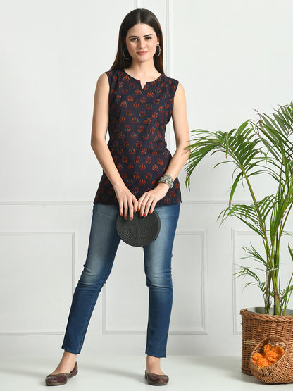 Cotton Printed V-Neck Sleeveless Short Kurti