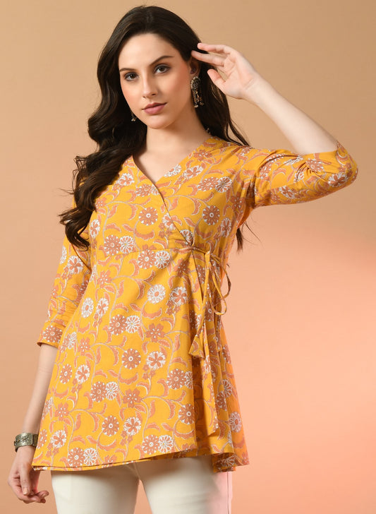 Floral Print Angrakha 3\4 Sleeves Flared Kurti