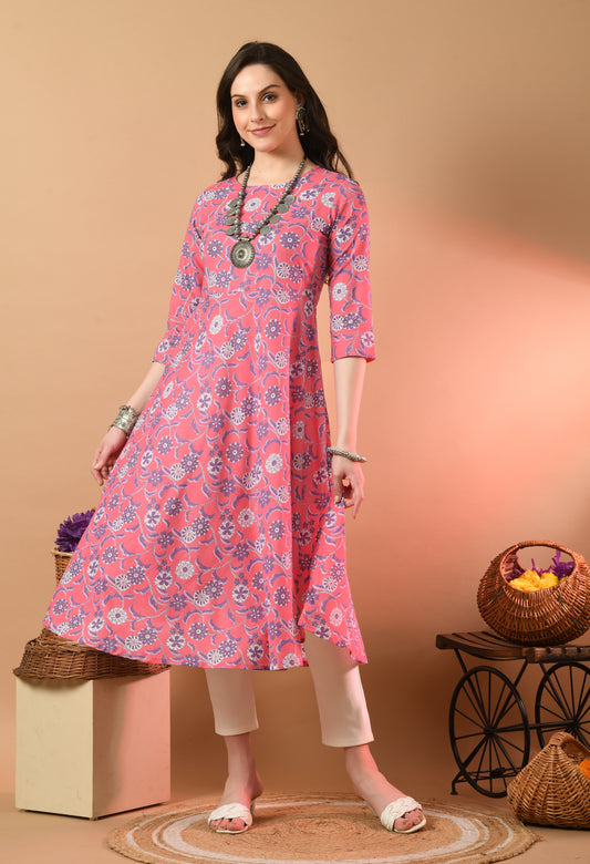 Round Neck Floral Print Long Kurti FRKT6438