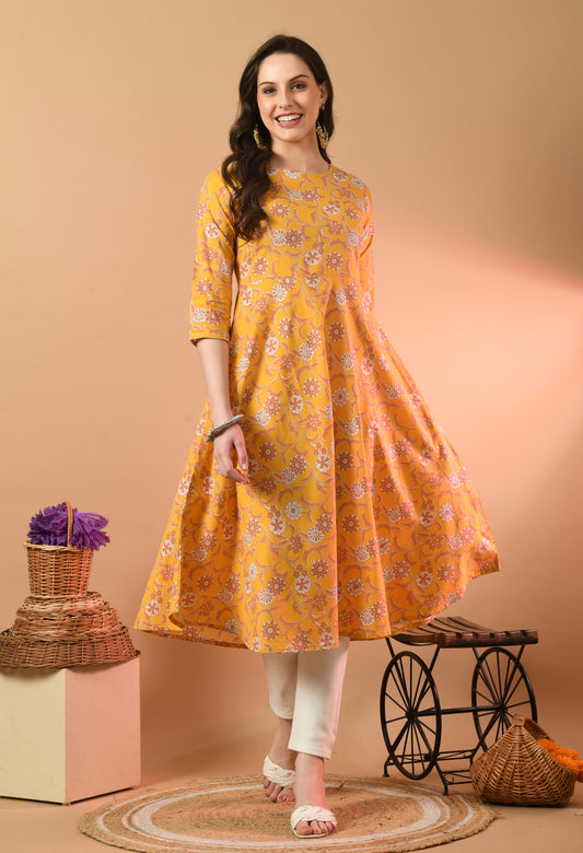 Round Neck Floral Print Long Kurti FRKT6439