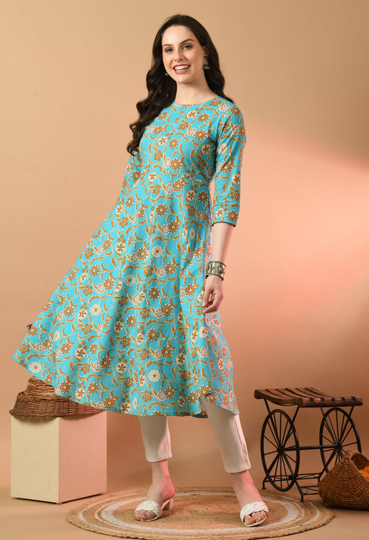 Round Neck Floral Print Long Kurti FRKT6441