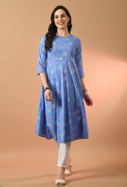 Round Neck Floral Print Long Kurti FRKT6440