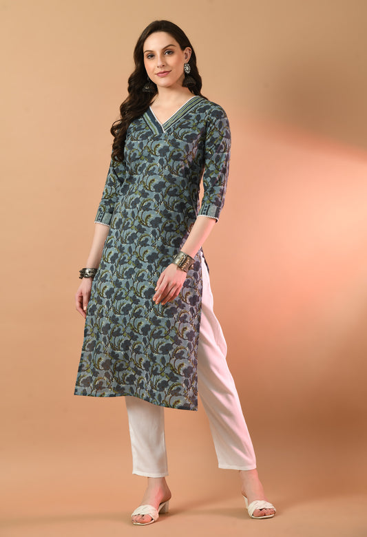 V-Neck Floral Print Long Kurti FRKT6445