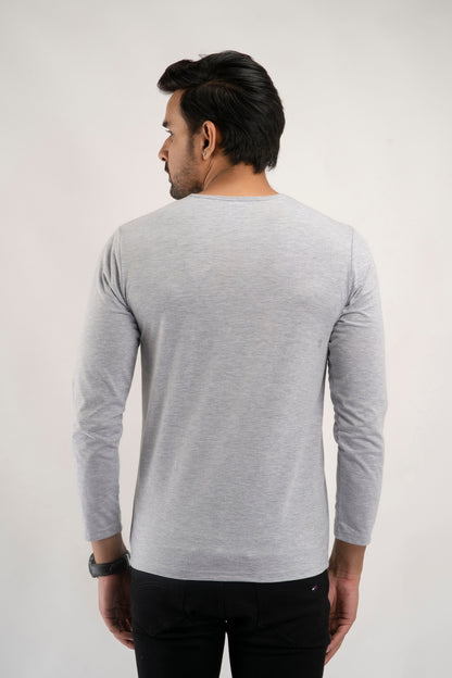Plain Light Grey Henley Full Sleeves T-shirt