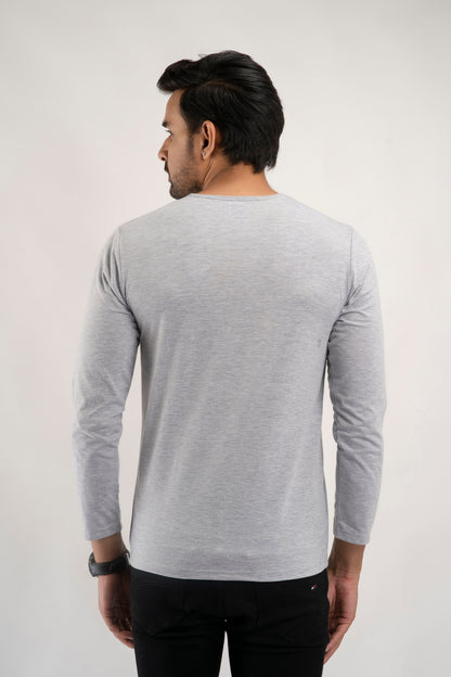 Plain Light Grey Henley Full Sleeves T-Shirt