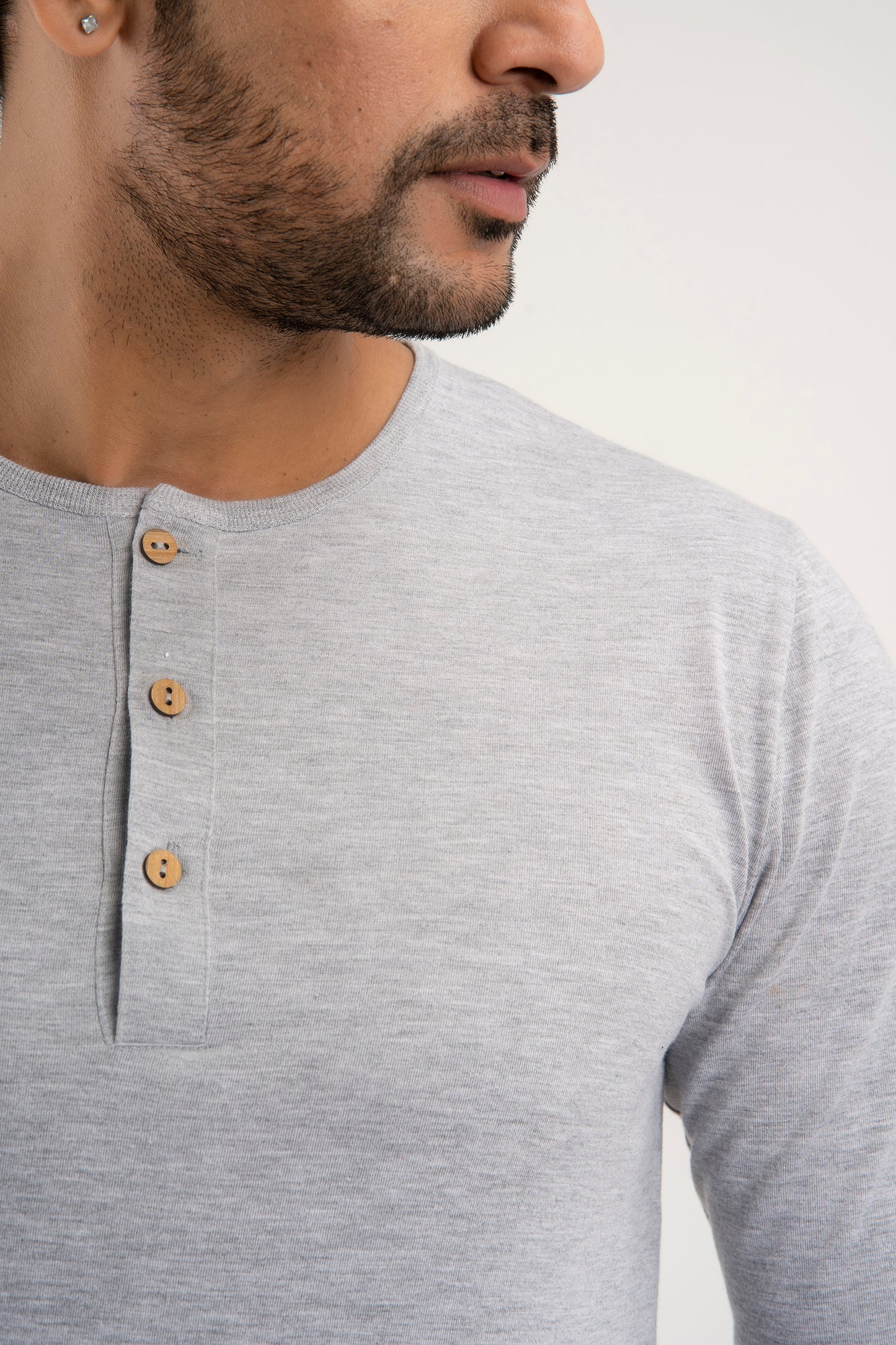 Plain Light Grey Henley Full Sleeves T-Shirt