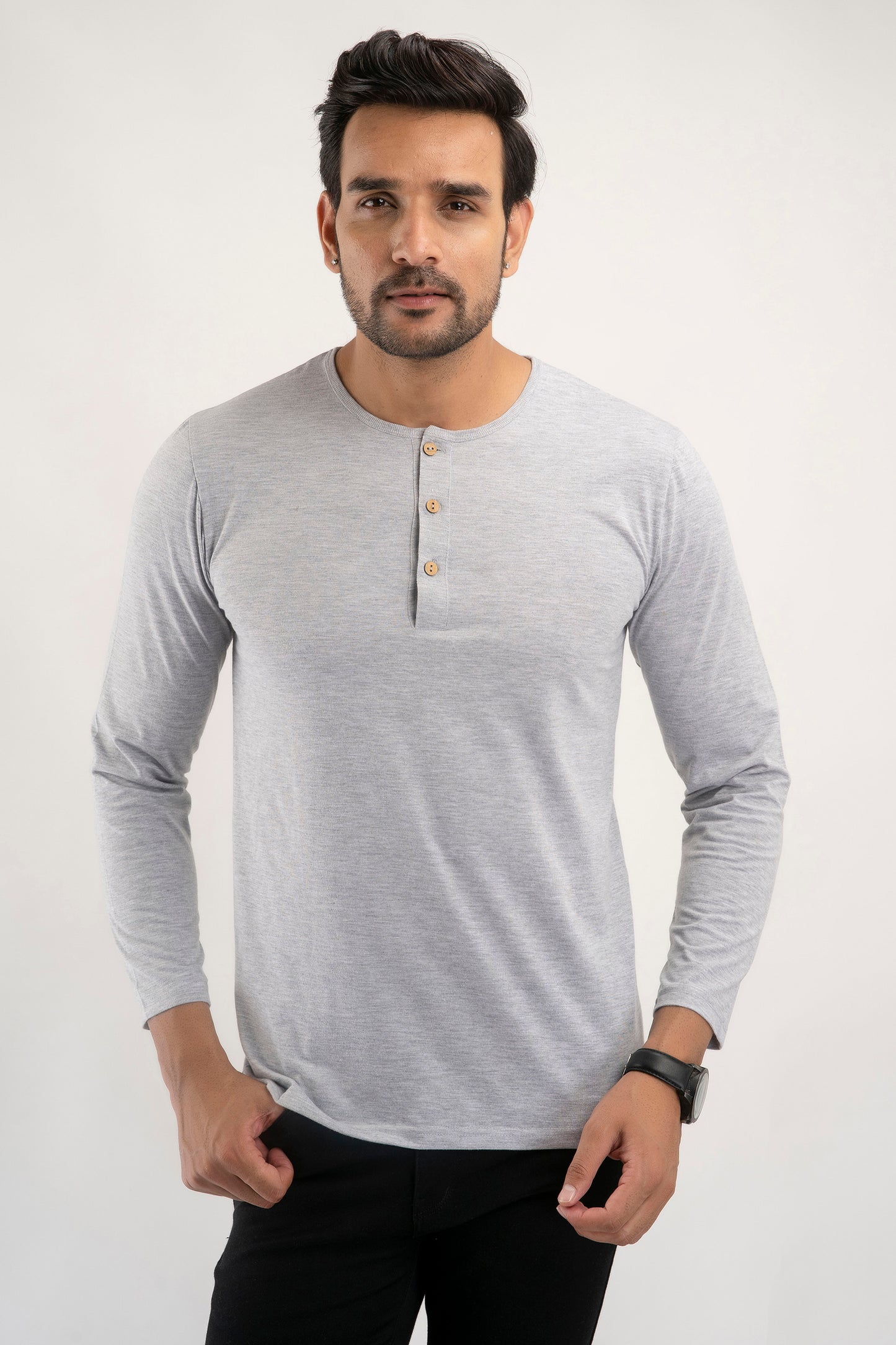 Plain Light Grey Henley Full Sleeves T-Shirt