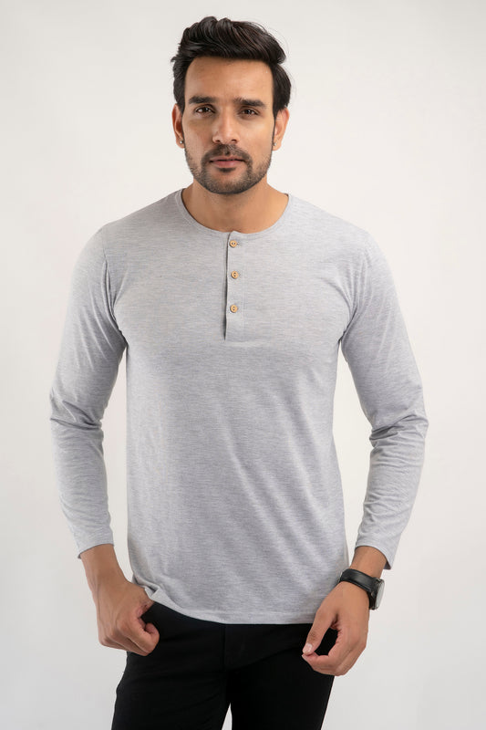 Plain Light Grey Henley Full Sleeves T-Shirt