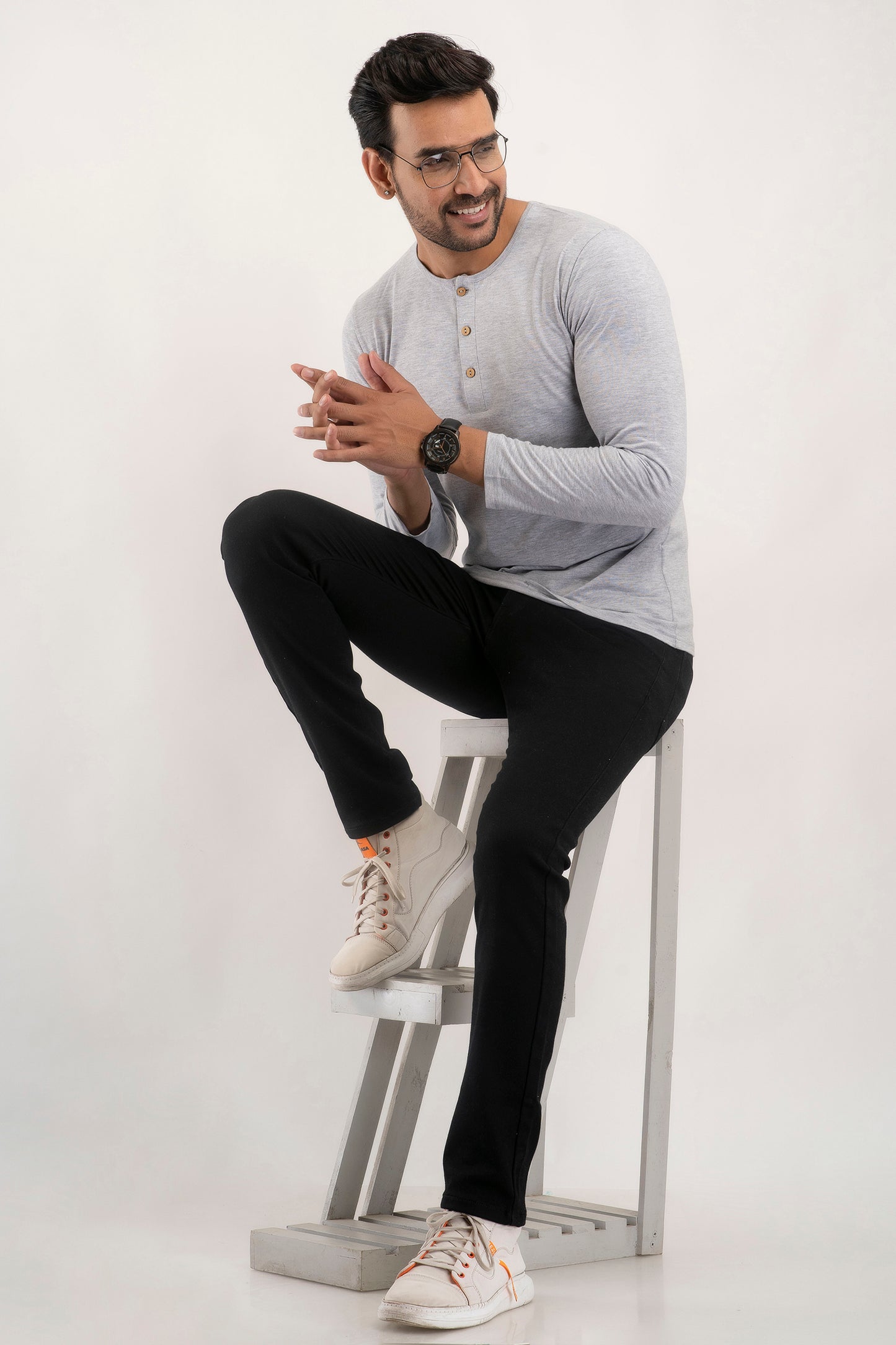 Plain Light Grey Henley Full Sleeves T-Shirt