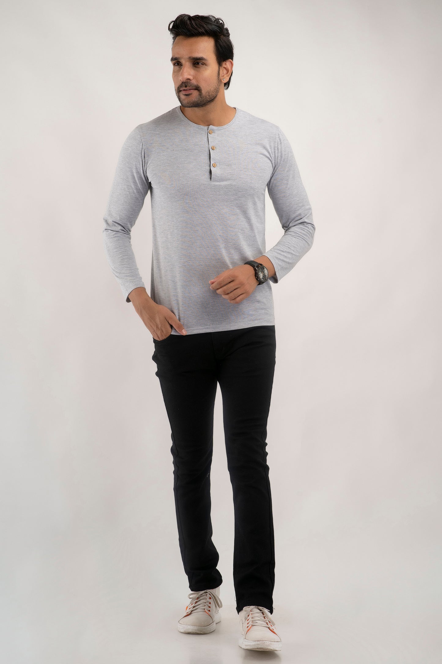 Plain Light Grey Henley Full Sleeves T-Shirt