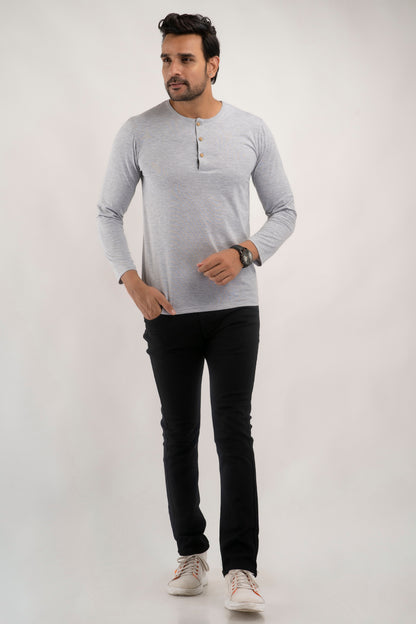 Plain Light Grey Henley Full Sleeves T-Shirt