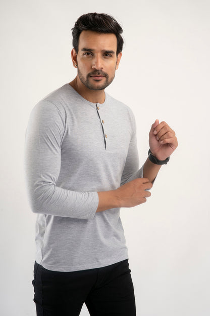 Plain Light Grey Henley Full Sleeves T-Shirt