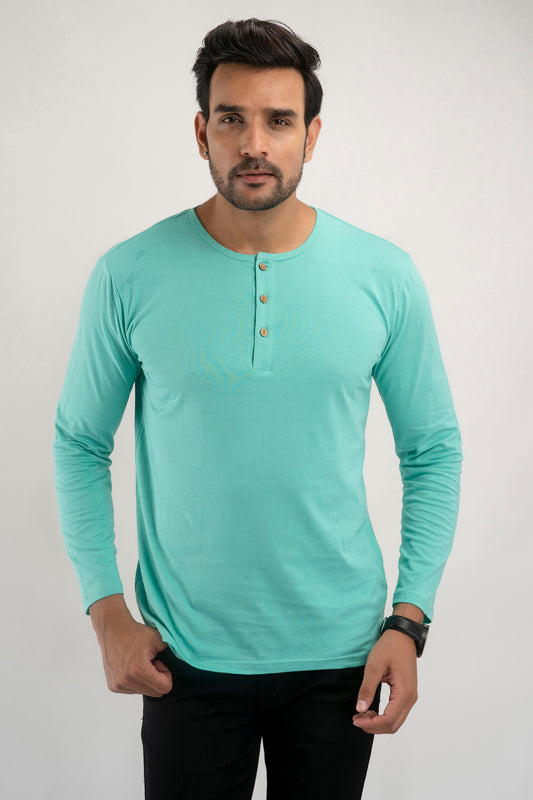 Plain Sea Green Henley Full Sleeves T-Shirt