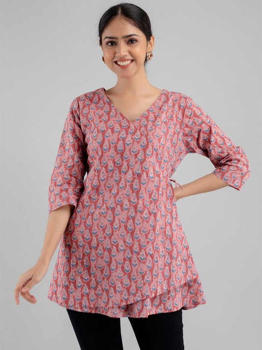 Floral Printed V-Neck Pure Cotton Angrakha A-Line Kurti FRKT6172