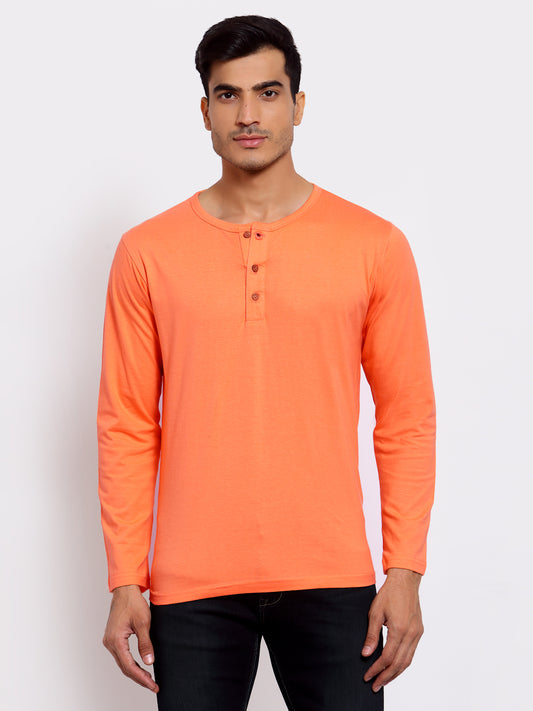 Plain Peach Henley Full Sleeves T-Shirt