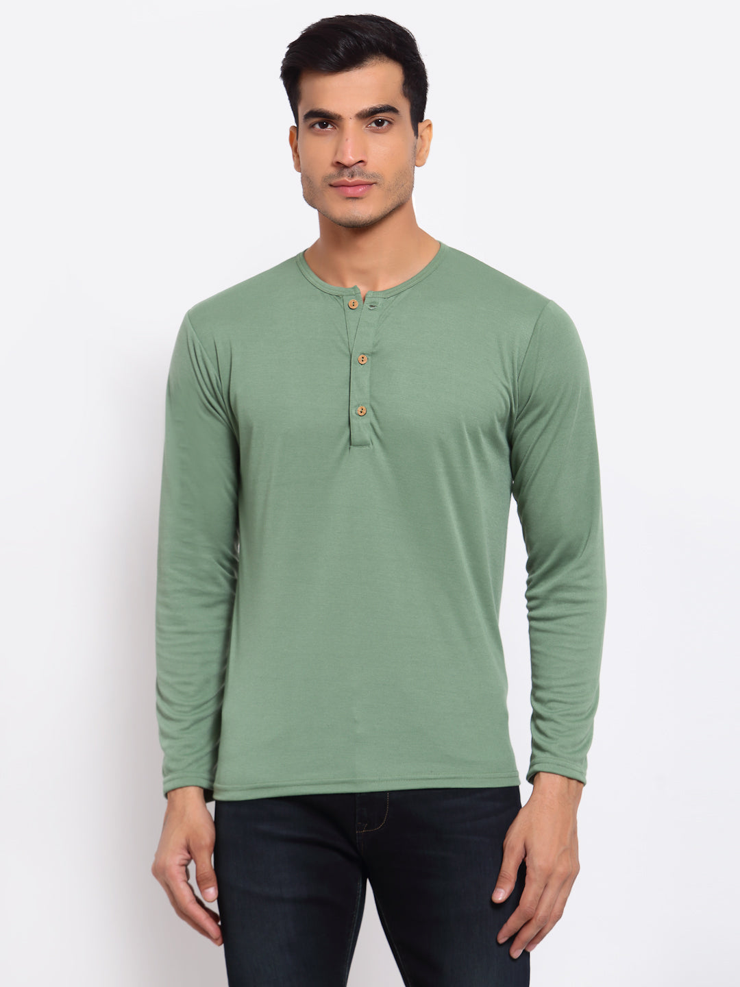 Plain Light Green Henley Full Sleeves T-shirt