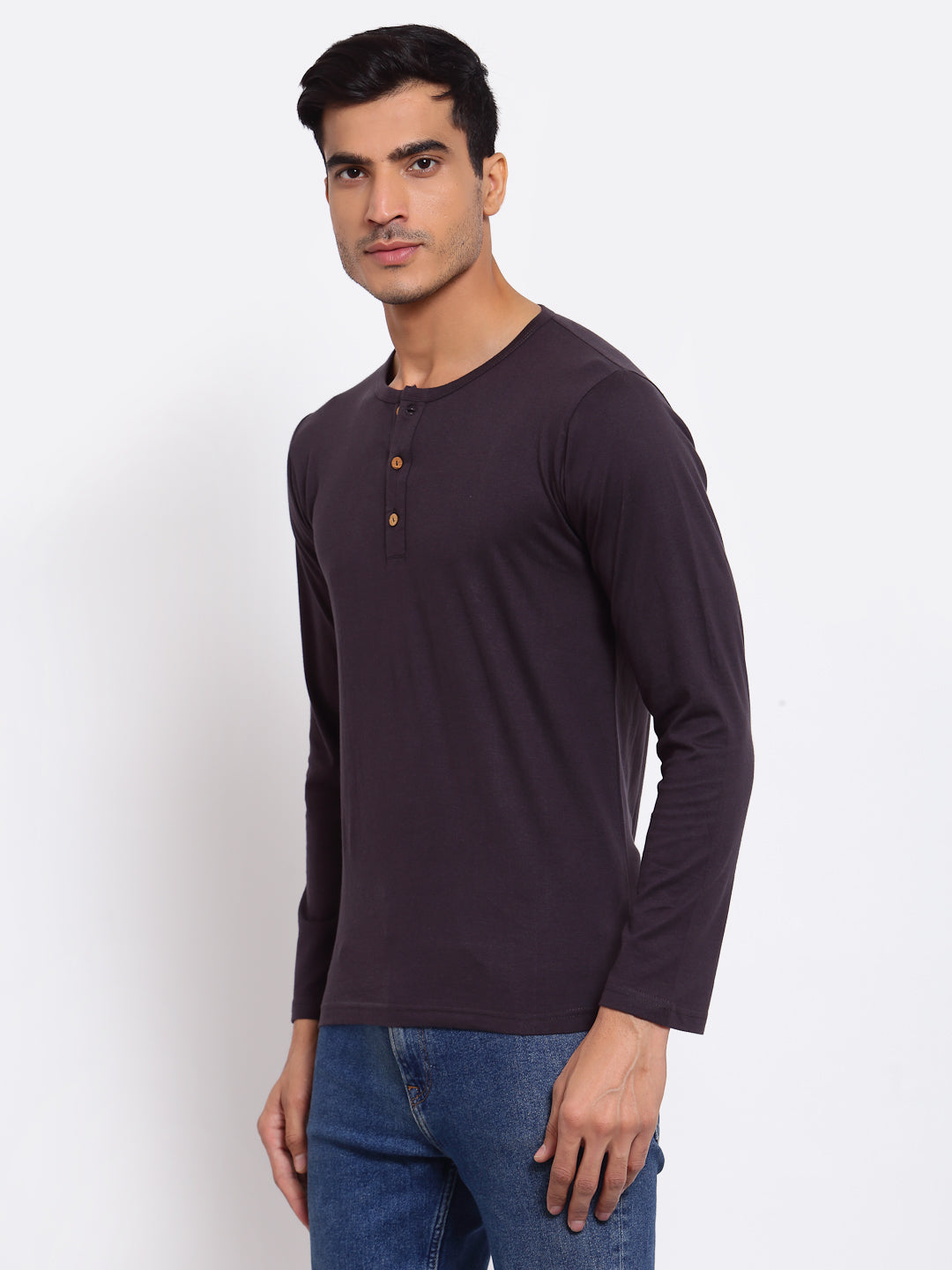 Plain Grey Henley Full Sleeves T-Shirt