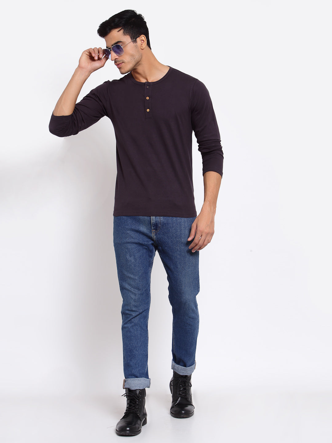 Plain Grey Henley Full Sleeves T-Shirt