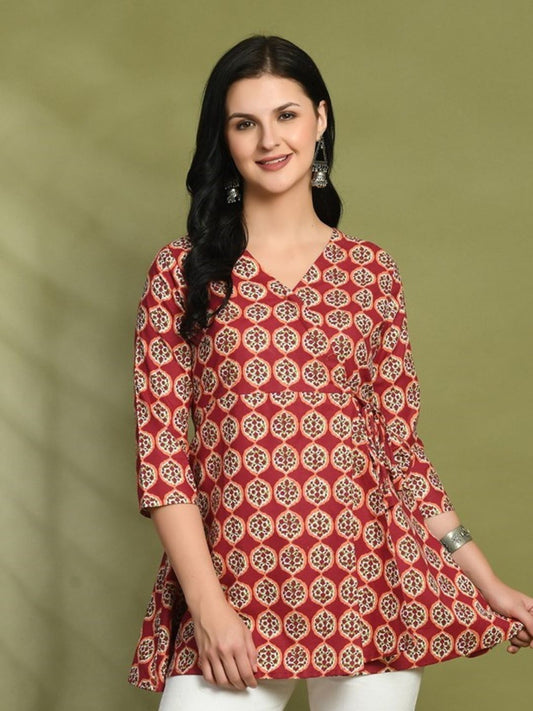 Floral Print Angrakha 3\4 Sleeves Flared Kurti