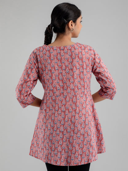 Floral Printed V-Neck Pure Cotton Angrakha A-Line Kurti FRKT6172