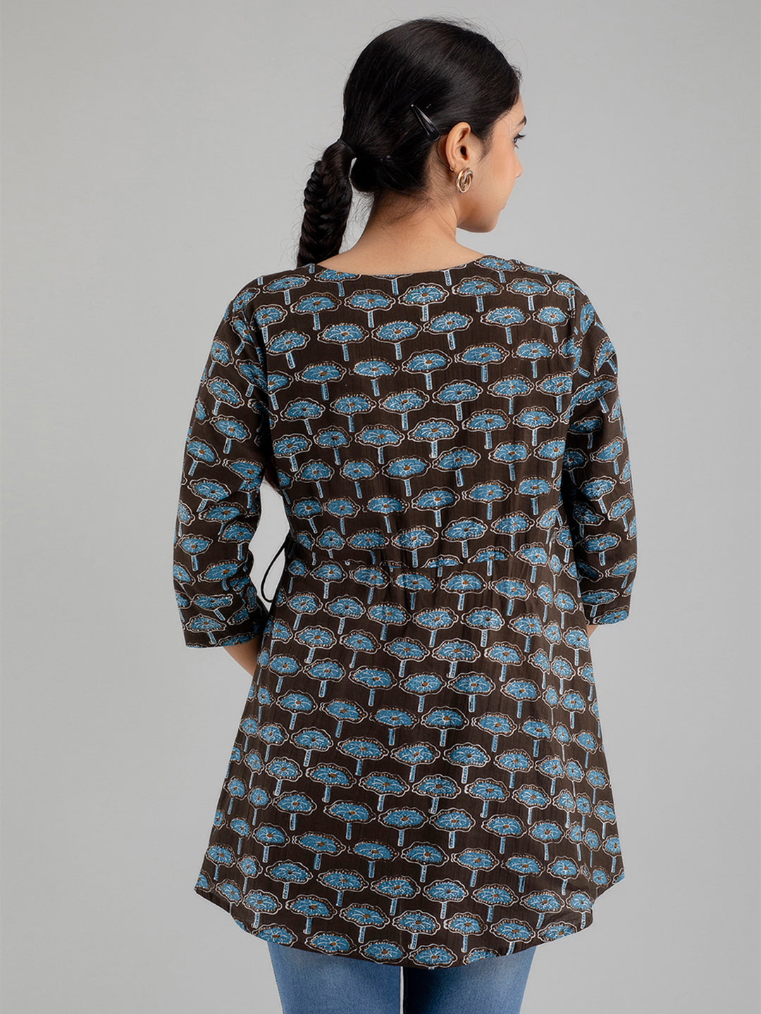 Floral Printed V-Neck Pure Cotton Angrakha A-Line Kurti FRKT6175