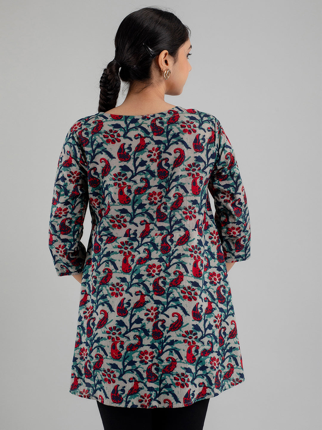 Floral Printed V-Neck Pure Cotton Angrakha A-Line Kurti FRKT6173