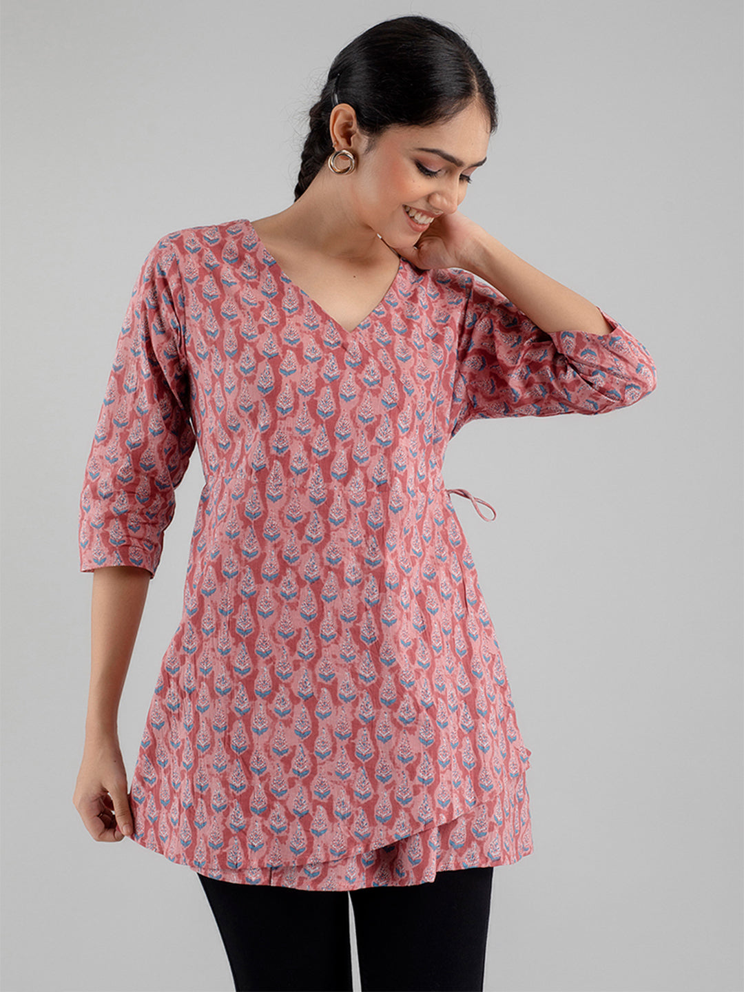 Floral Printed V-Neck Pure Cotton Angrakha A-Line Kurti FRKT6172