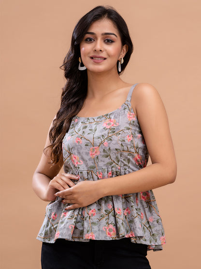 Floral Print Cotton Peplum Top