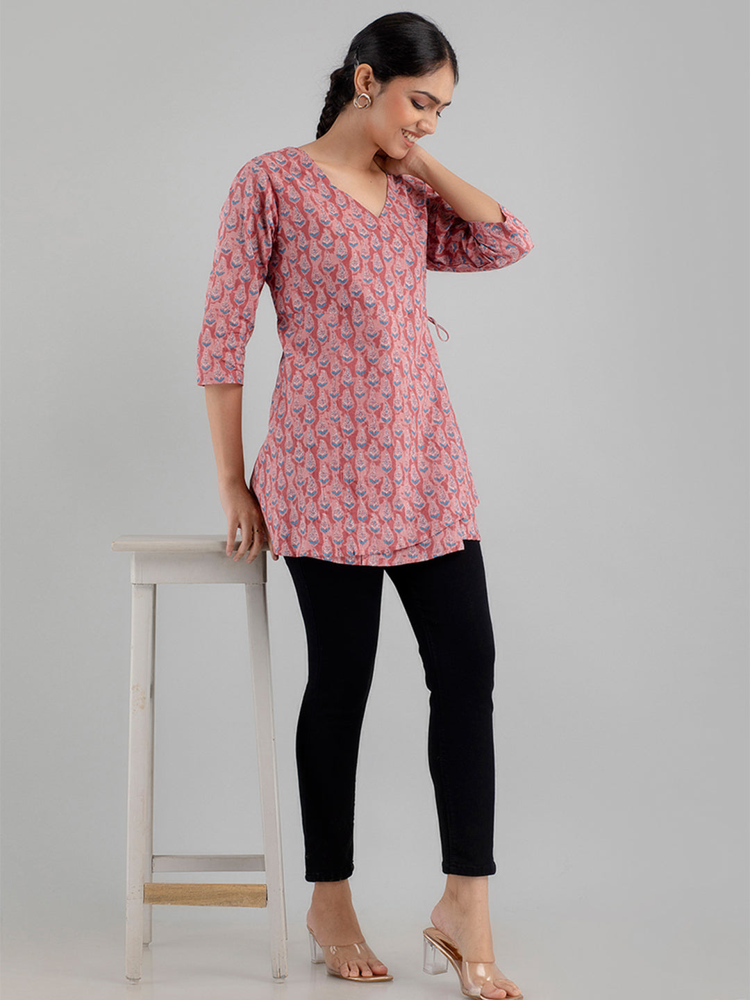 Floral Printed V-Neck Pure Cotton Angrakha A-Line Kurti FRKT6172