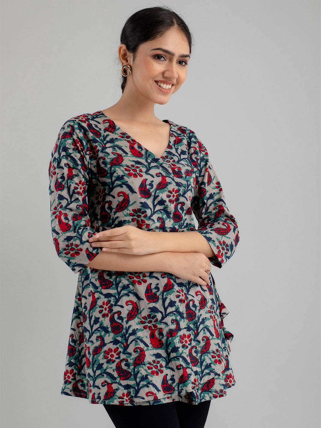Floral Printed V-Neck Pure Cotton Angrakha A-Line Kurti FRKT6173
