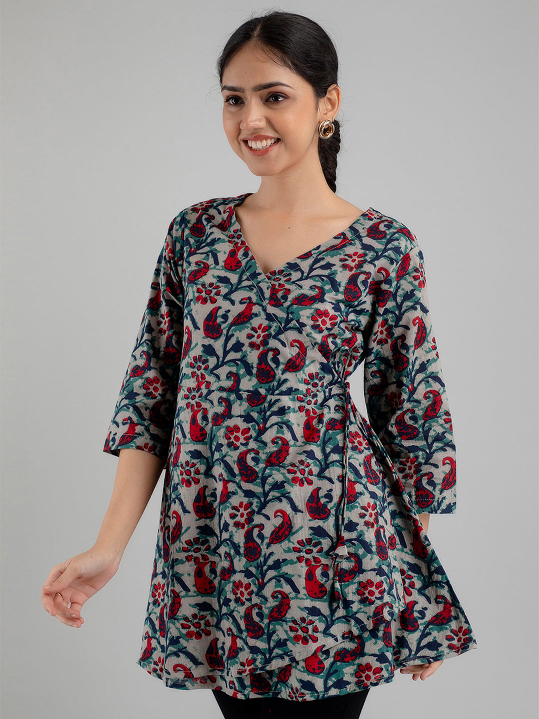 Floral Printed V-Neck Pure Cotton Angrakha A-Line Kurti FRKT6173
